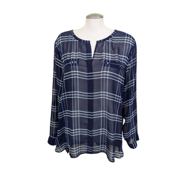 Womens Sheer Tunic Top Plus Size 22 Navy Blue Plaid Roll Tab Sleeves Split Neck - Picture 1 of 8